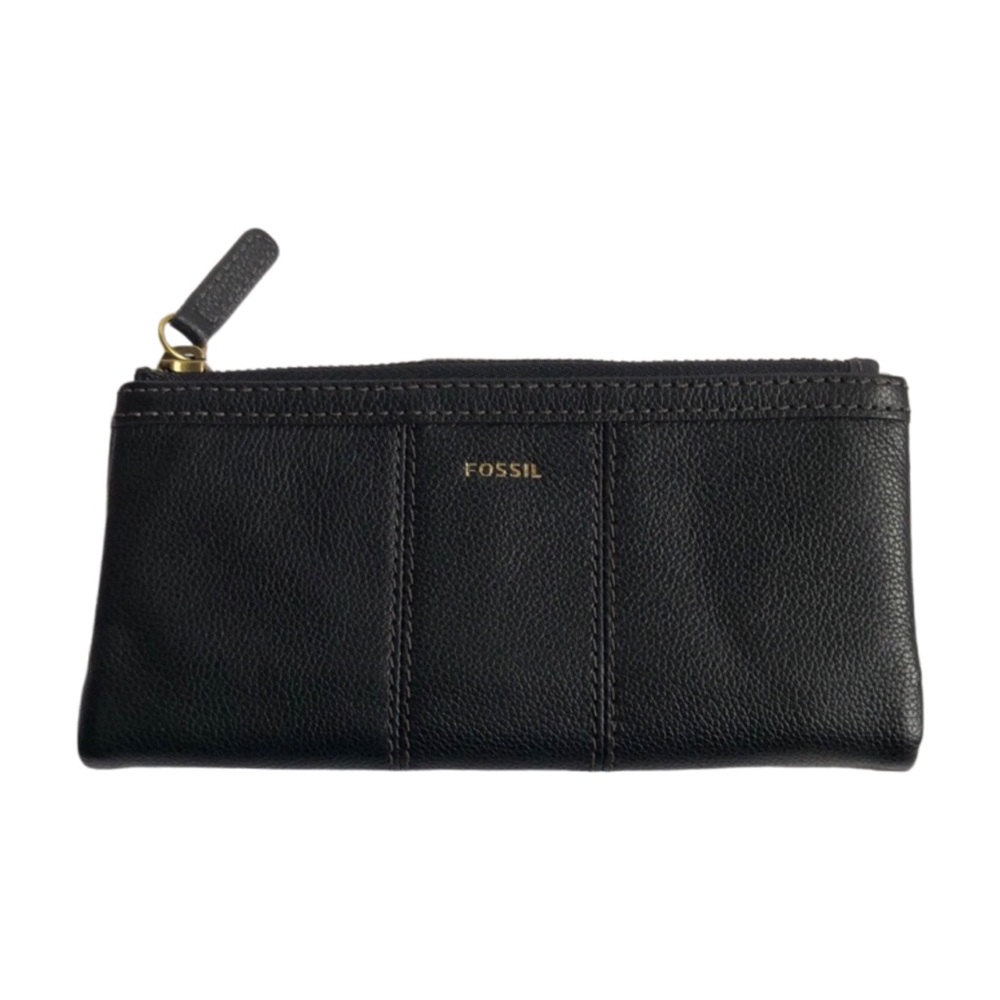 Fossil Ella black leather cowhide oblong clutch wallet